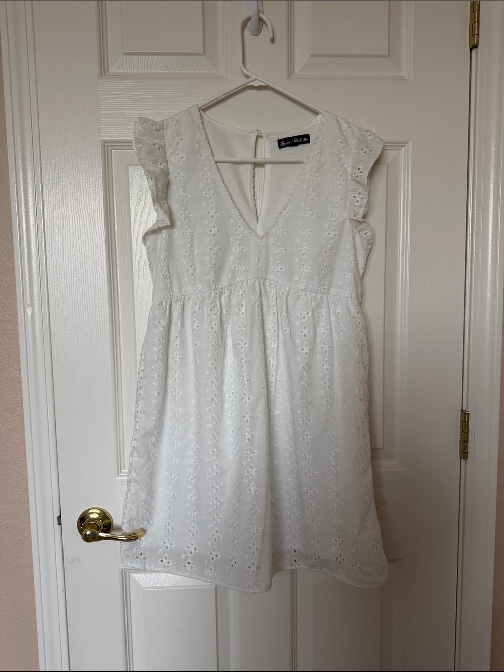 Crystal Doll White Eyelet V-Neck Flutter Sleeve Dress